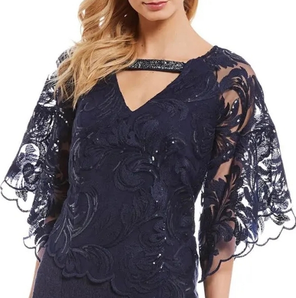 NWT! MAYA BROOKE Navy Sequin Sheer Overlay Layered Formal Dress SZ 16 Party Dres - Picture 2 of 12